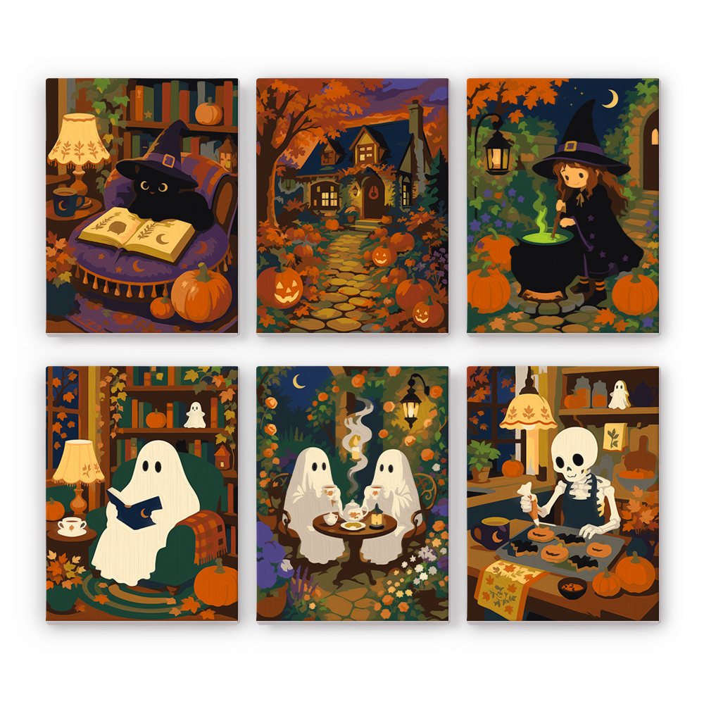 Cozy Witch Cottage mini paint by numbers set: six rich autumn scenes with a spellbook cat, a pumpkin path, a witch, ghosts and a skeleton