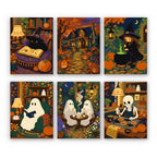 Cozy Witch Cottage mini paint by numbers set: six rich autumn scenes with a spellbook cat, a pumpkin path, a witch, ghosts and a skeleton