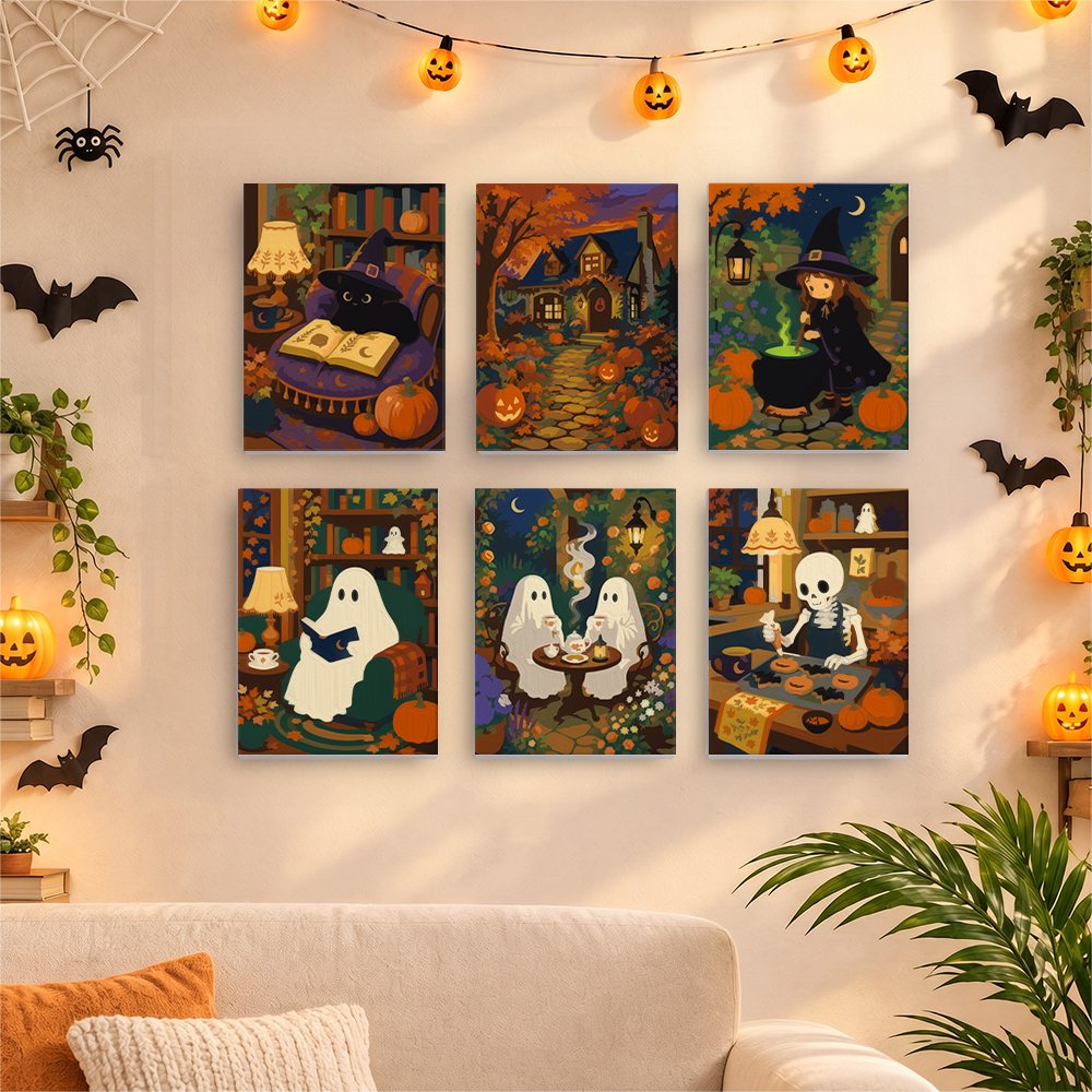 Six finished Cozy Witch Cottage mini paintings hung on a wall above a table