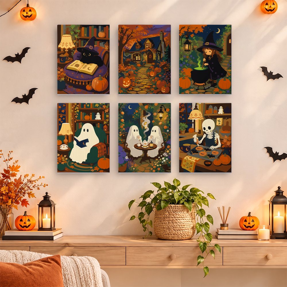Cozy Witch Cottage mini paintings displayed as a gallery wall in a sunny kitchen