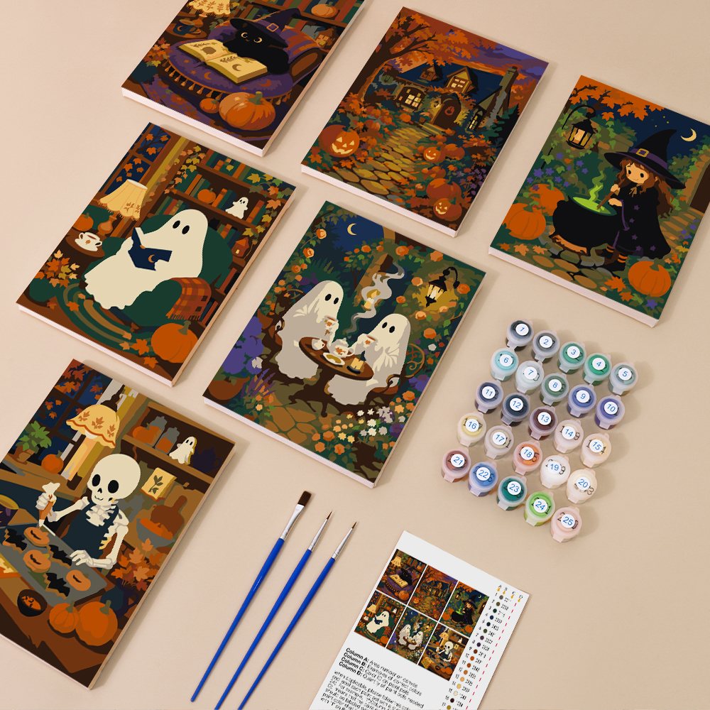 Cozy Witch Cottage mini paint by numbers kit with six numbered canvases, acrylic paints, brushes and layout