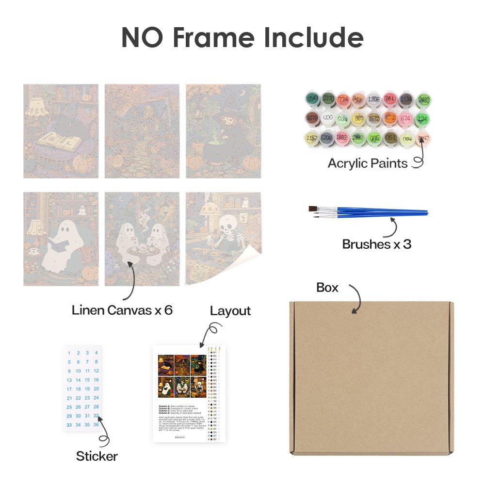 What's included without a frame: six rolled Cozy Witch Cottage mini canvases, acrylic paints, three brushes and layout