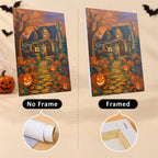 Cozy Witch Cottage mini canvas shown rolled without a frame and pre-stretched on a frame