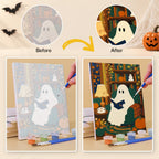 Before and after of a Cozy Witch Cottage mini paint by numbers canvas