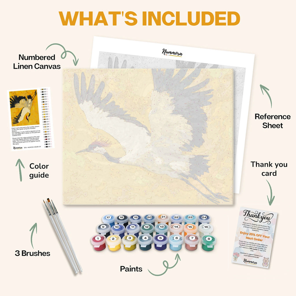 What's included in the Crane Flight paint by numbers kit: numbered linen canvas, reference sheet, color guide, 24 acrylic paints, 3 brushes and thank you card