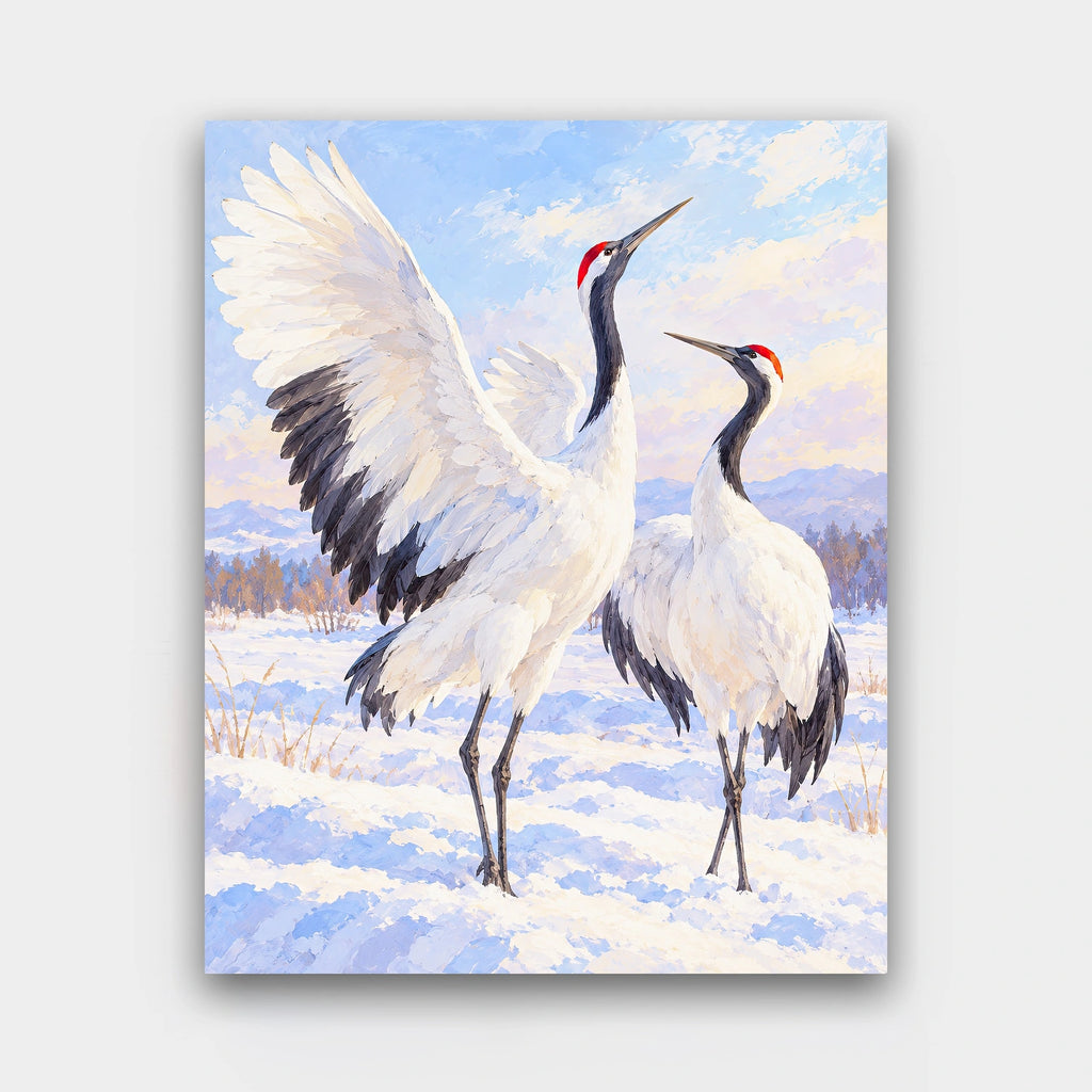 Cranes in the Snow paint by numbers kit of two red-crowned cranes in snow, one with wings raised