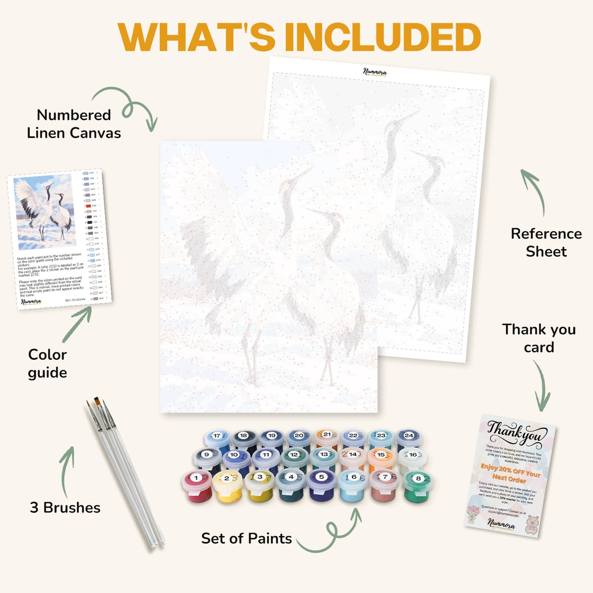 What's included in the Cranes in the Snow paint by numbers kit: numbered linen canvas, reference sheet, color guide, 24 acrylic paints, 3 brushes and thank you card