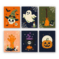 Creepy Classics mini paint by numbers set: six spooky designs with a hatted skull, a ghost, a broom, a zombie hand, a cauldron and a jack-o'-lantern