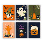 Creepy Classics mini paint by numbers set: six spooky designs with a hatted skull, a ghost, a broom, a zombie hand, a cauldron and a jack-o'-lantern