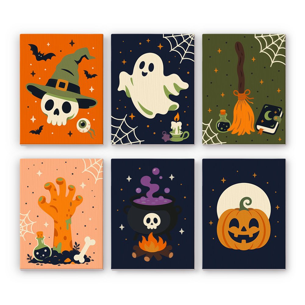 Creepy Classics mini paint by numbers set: six spooky designs with a hatted skull, a ghost, a broom, a zombie hand, a cauldron and a jack-o'-lantern