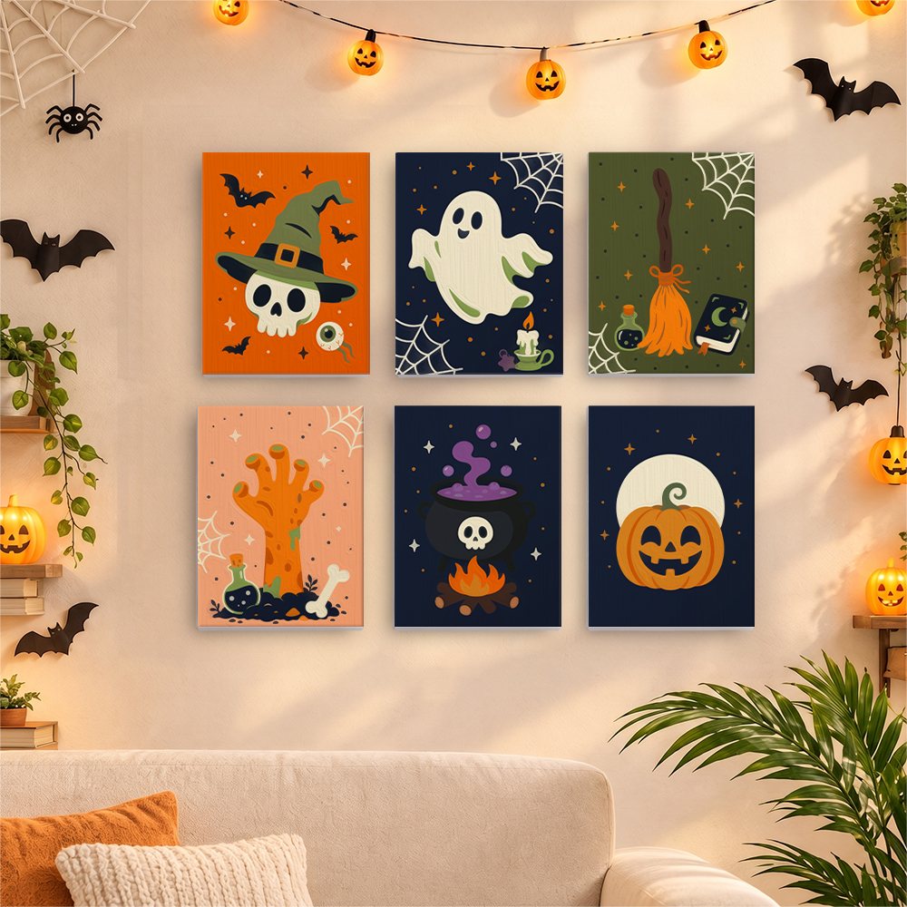 Six finished Creepy Classics mini paintings hung on a wall above a table