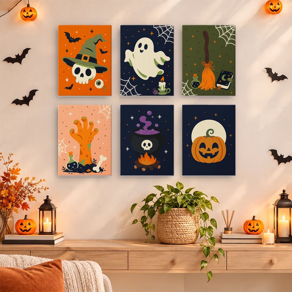 Creepy Classics mini paintings displayed as a gallery wall in a sunny kitchen