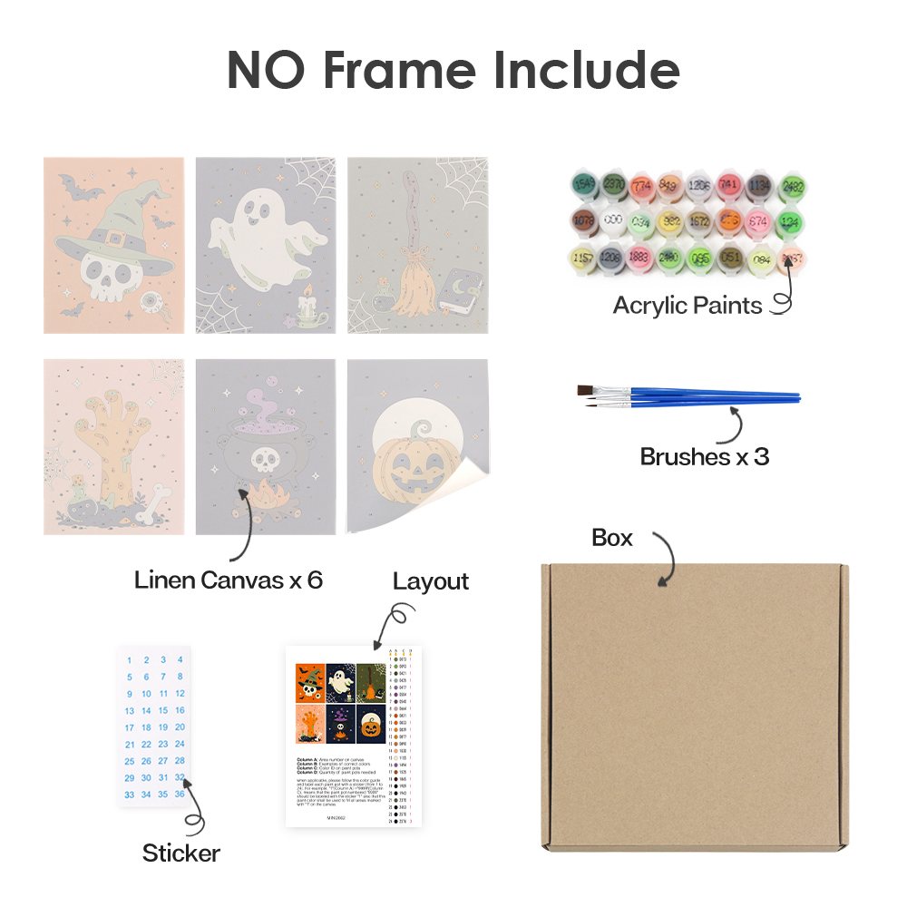 What's included without a frame: six rolled Creepy Classics mini canvases, acrylic paints, three brushes and layout
