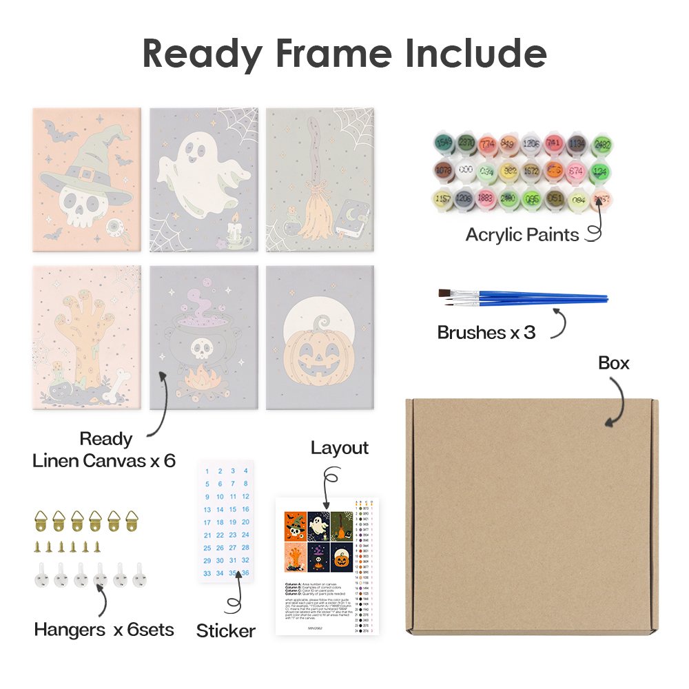 What's included pre-stretched on frame: six framed Creepy Classics mini canvases, paints, three brushes, hangers and layout