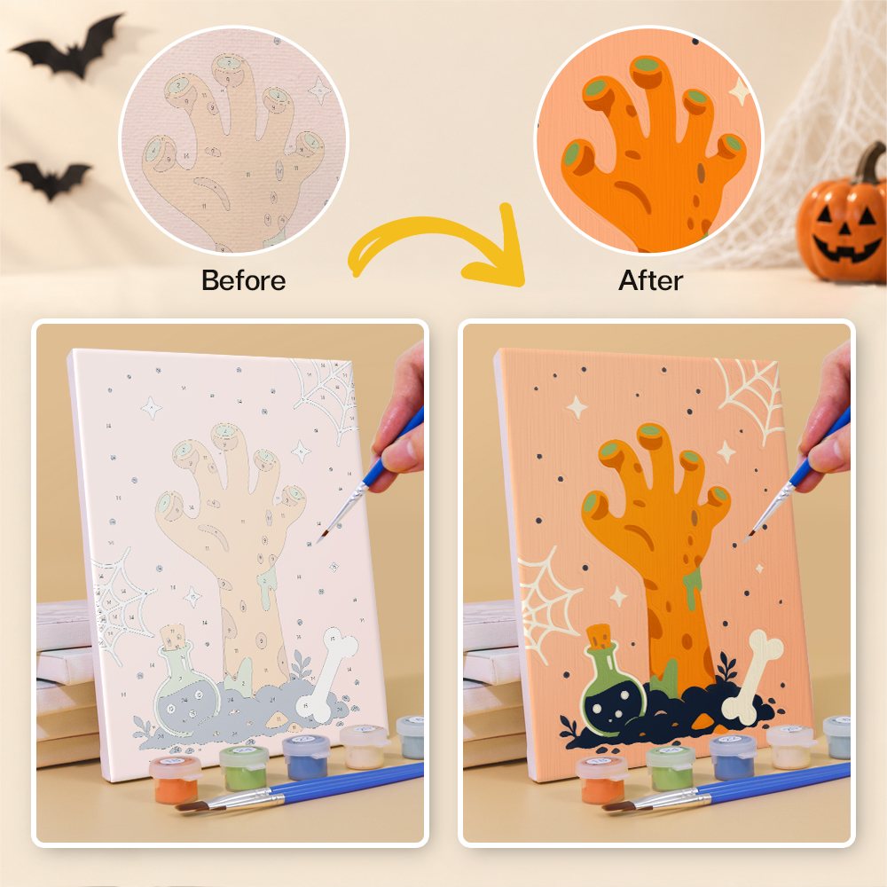 Before and after of a Creepy Classics mini paint by numbers canvas