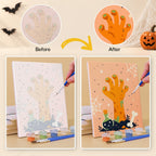 Before and after of a Creepy Classics mini paint by numbers canvas