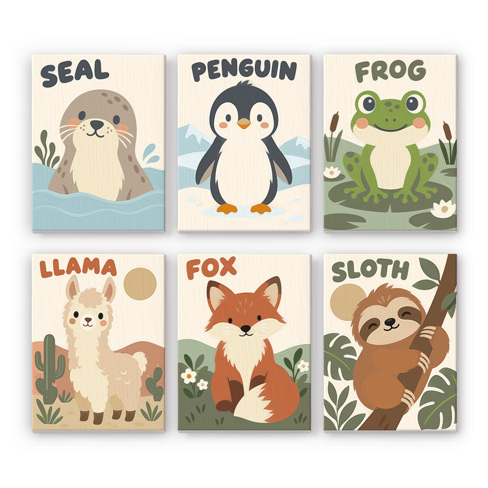 Critter Cards mini paint by numbers set: six labeled designs of a seal, penguin, frog, llama, fox and sloth