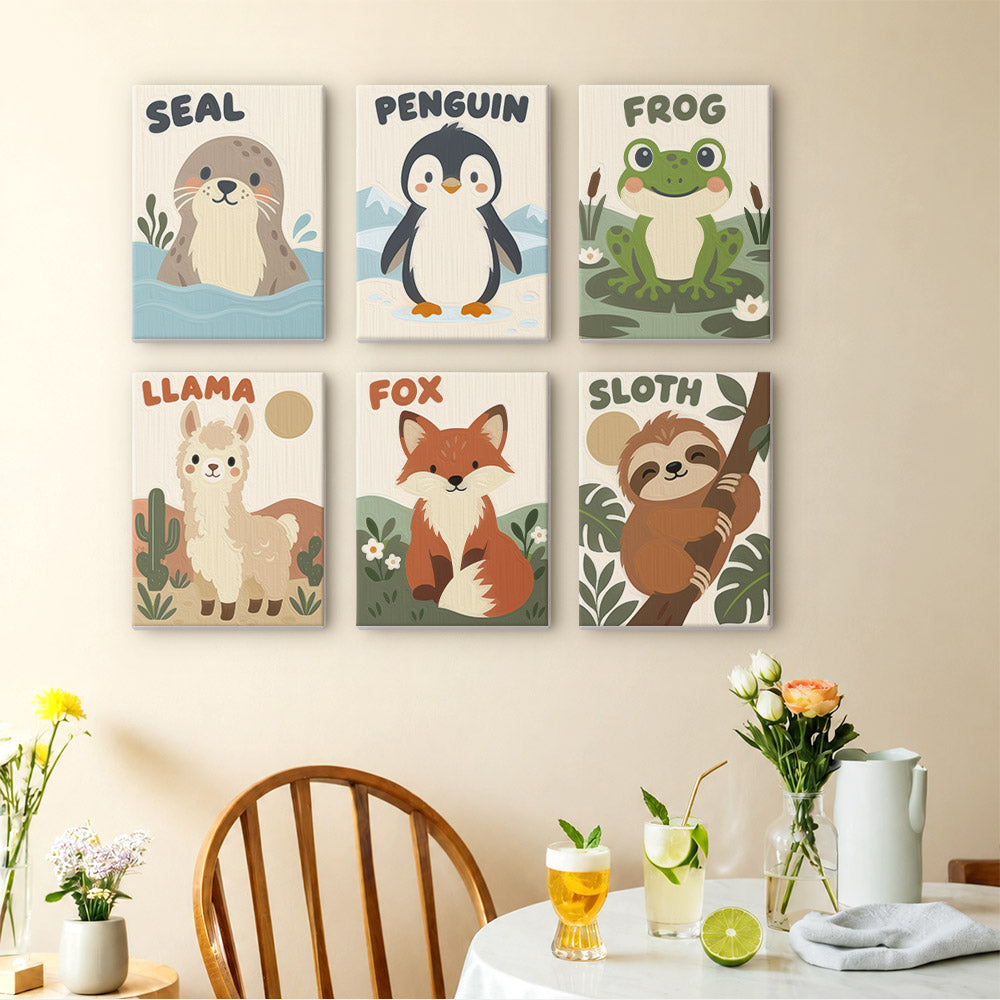 Critter Cards mini paintings displayed as a gallery wall in a sunny kitchen