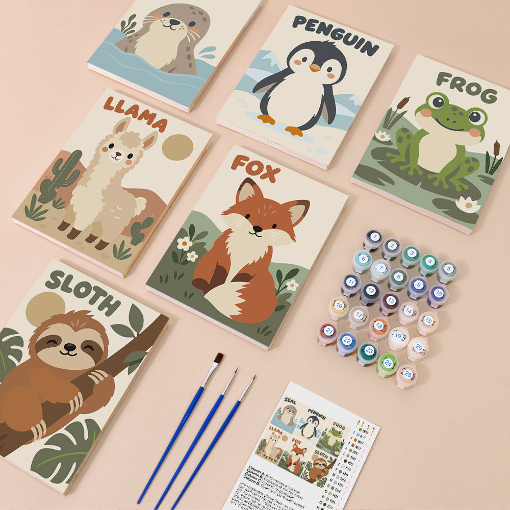 Critter Cards mini paint by numbers kit with six numbered canvases, acrylic paints, brushes and layout