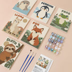 Critter Cards mini paint by numbers kit with six numbered canvases, acrylic paints, brushes and layout