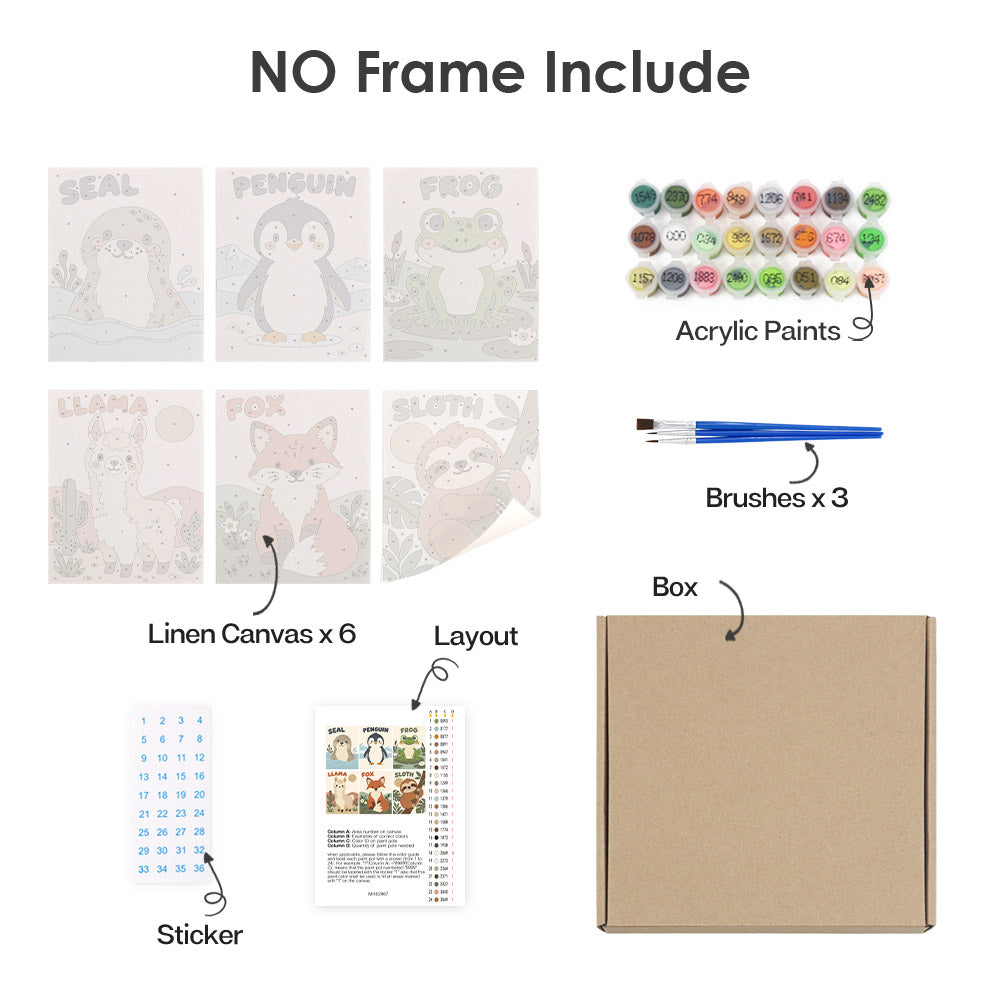 What's included without a frame: six rolled Critter Cards mini canvases, acrylic paints, three brushes and layout