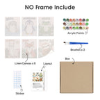What's included without a frame: six rolled Critter Cards mini canvases, acrylic paints, three brushes and layout