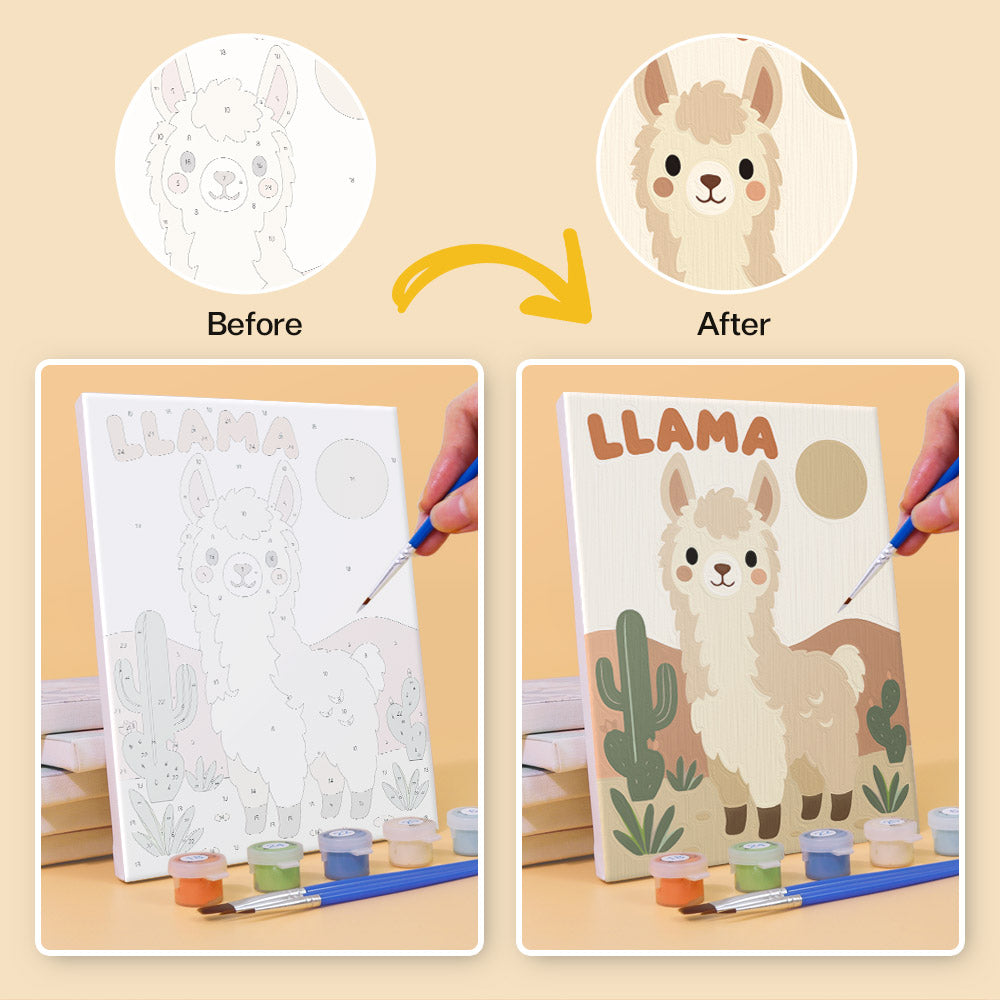 Before and after of a Critter Cards mini paint by numbers canvas