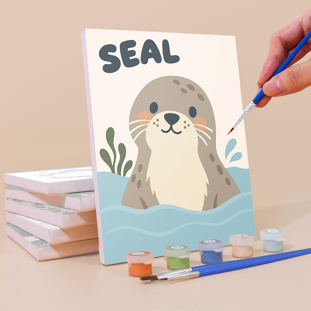 Painting a Critter Cards mini canvas propped up beside numbered acrylic paints