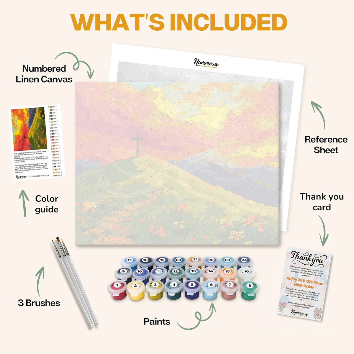 What's included in the Cross on the Hill paint by numbers kit: numbered linen canvas, reference sheet, color guide, 24 acrylic paints, 3 brushes and thank you card