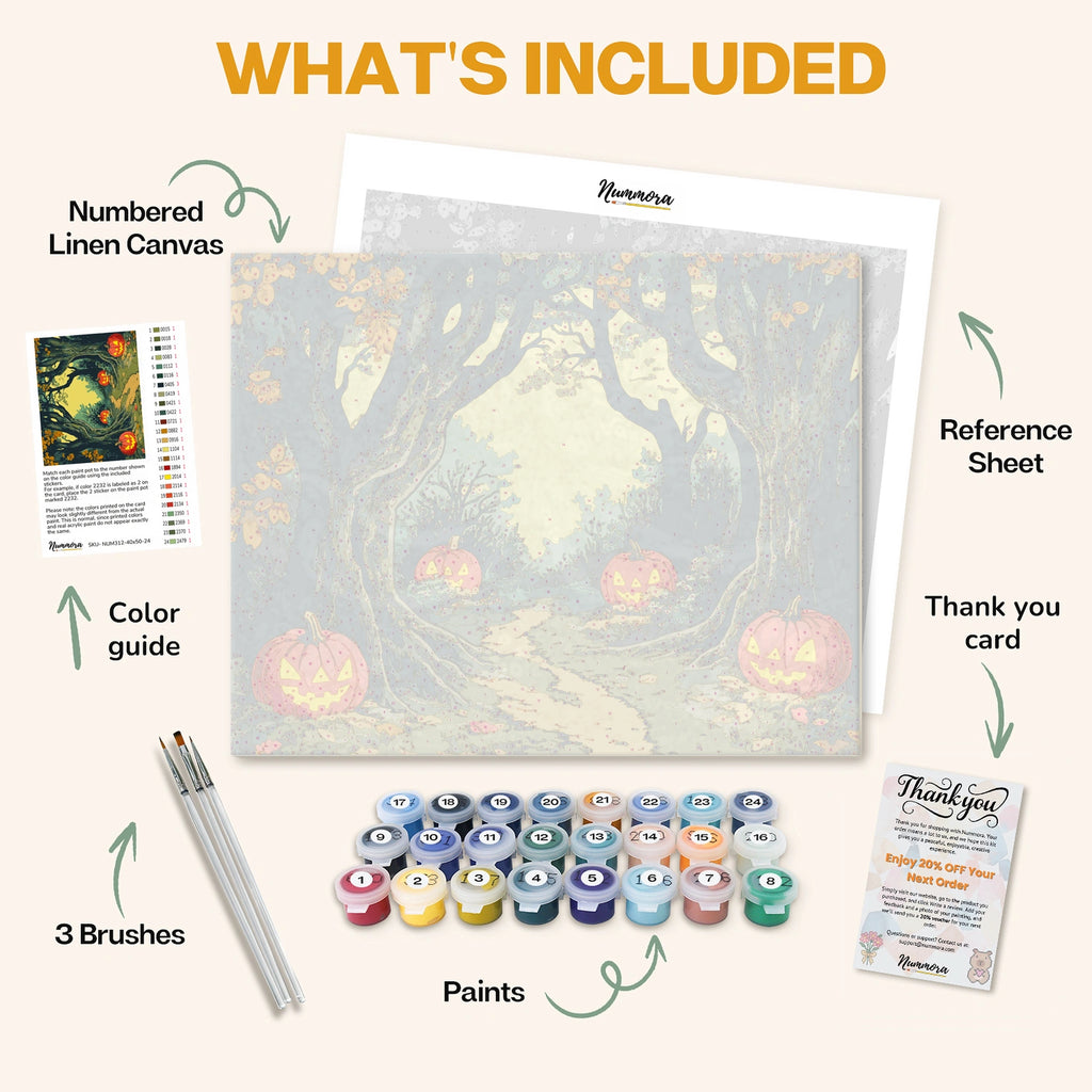What's included in the Cursed Wood paint by numbers kit: numbered linen canvas, reference sheet, color guide, 24 acrylic paints, 3 brushes and thank you card