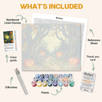 What's included in the Cursed Wood paint by numbers kit: numbered linen canvas, reference sheet, color guide, 24 acrylic paints, 3 brushes and thank you card