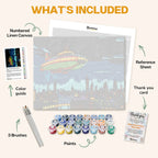 What's included in the Cyberpunk Airship paint by numbers kit: numbered linen canvas, reference sheet, color guide, 24 acrylic paints, 3 brushes and thank you card