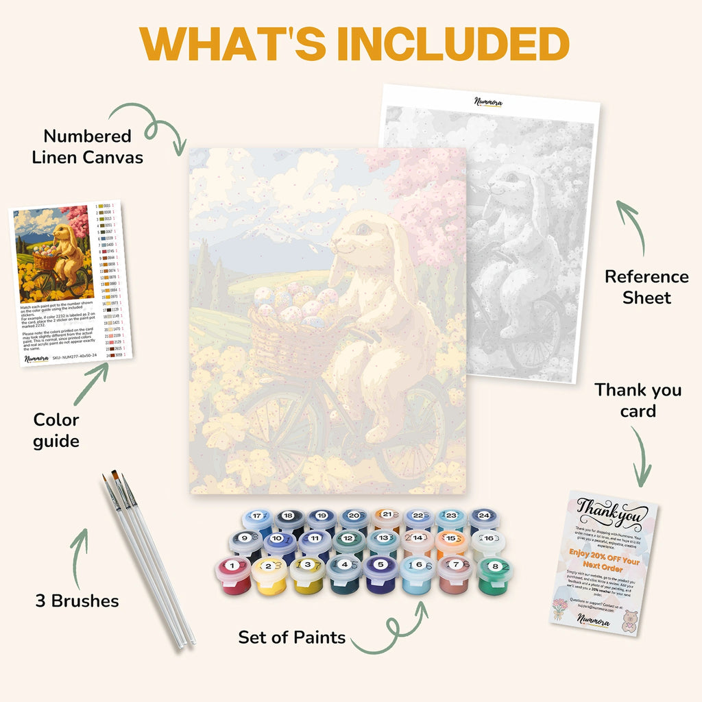 What's included in the Cycling into Easter Joy paint by numbers kit: numbered linen canvas, reference sheet, color guide, 24 acrylic paints, 3 brushes and thank you card