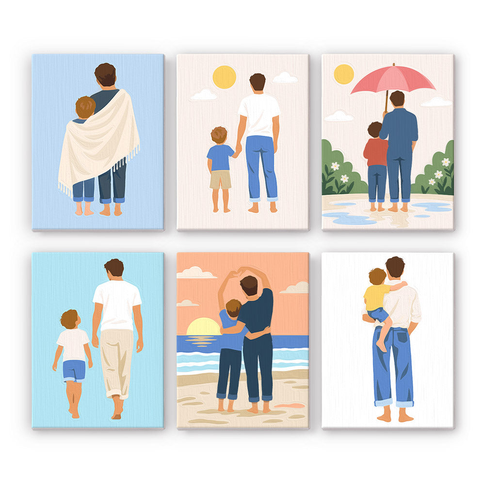 Dad and Me mini paint by numbers set: six minimalist scenes of a father and son together