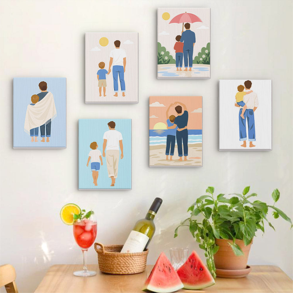 Six finished Dad and Me mini paintings hung on a wall above a table