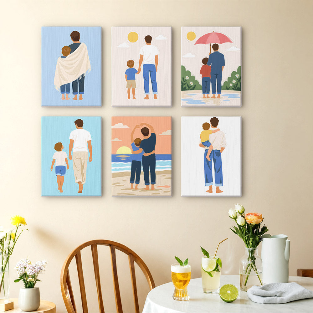 Dad and Me mini paintings displayed as a gallery wall in a sunny kitchen