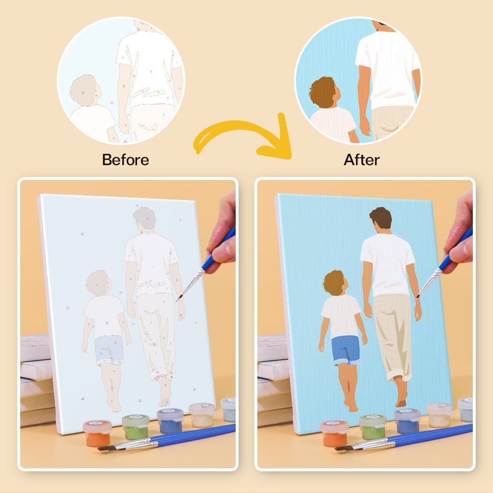 Before and after of a Dad and Me mini paint by numbers canvas