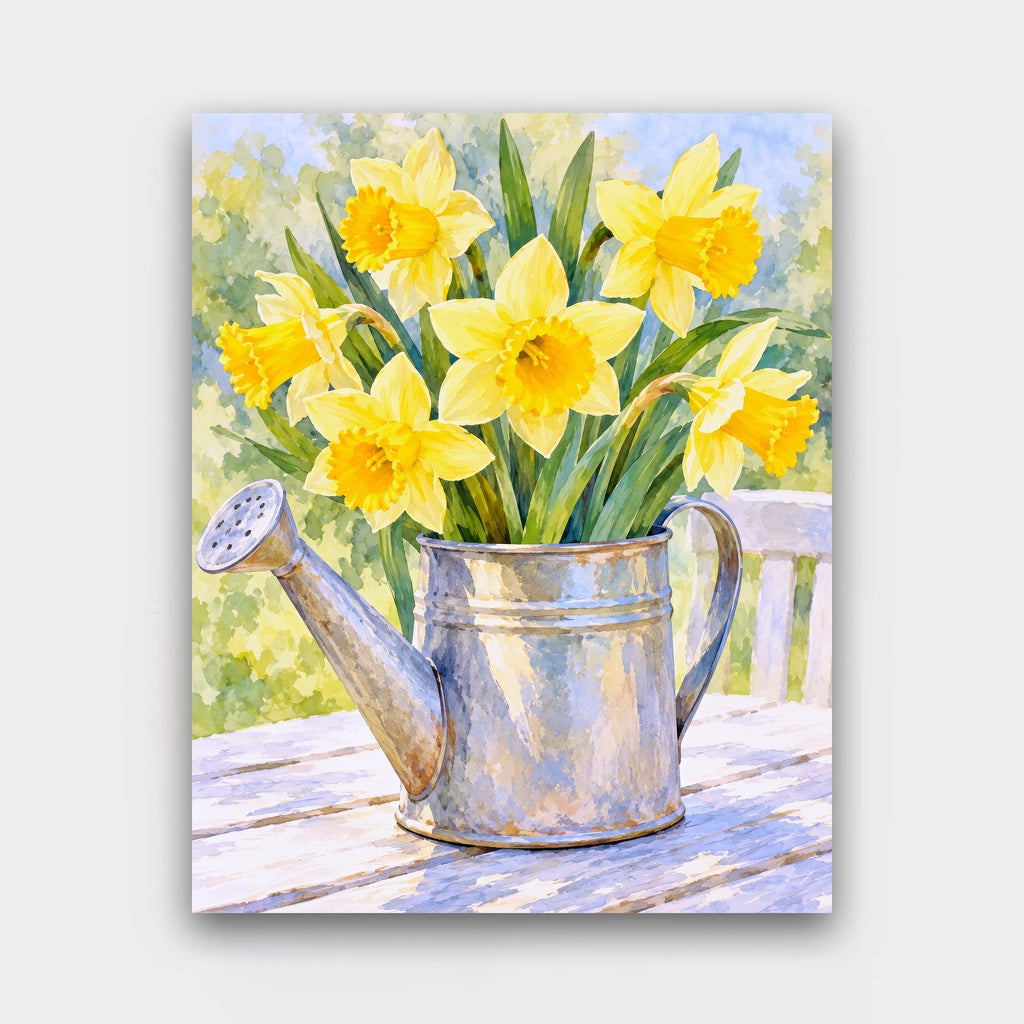 Daffodils in a Watering Can paint by numbers kit of yellow daffodils in a zinc watering can on a garden table