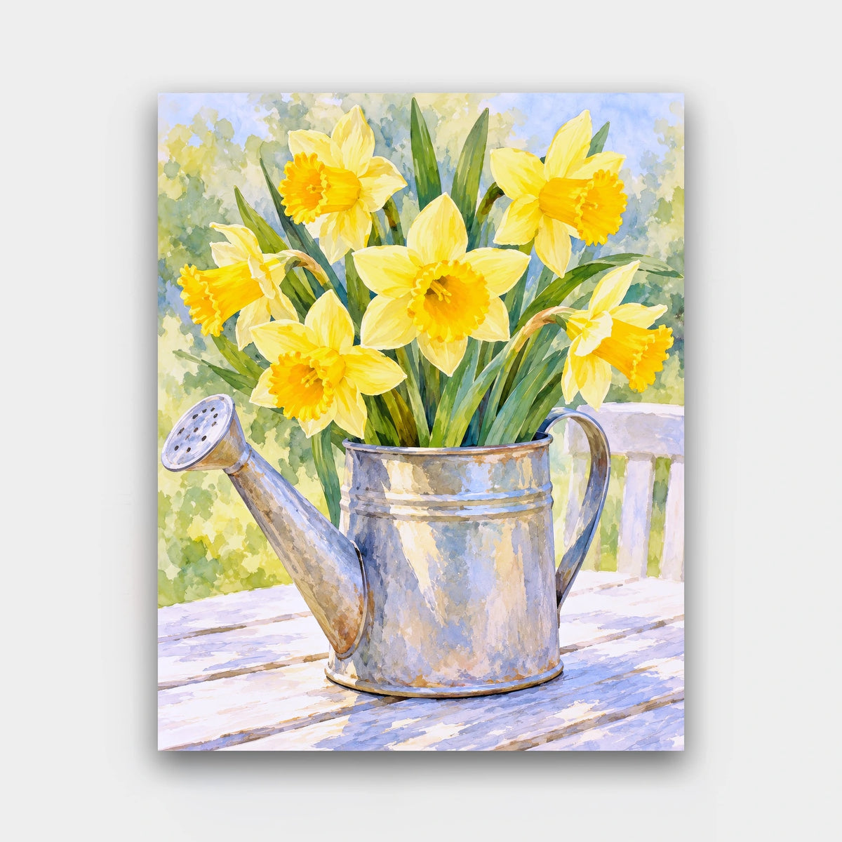 Daffodils in a Watering Can paint by numbers kit of yellow daffodils in a zinc watering can on a garden table