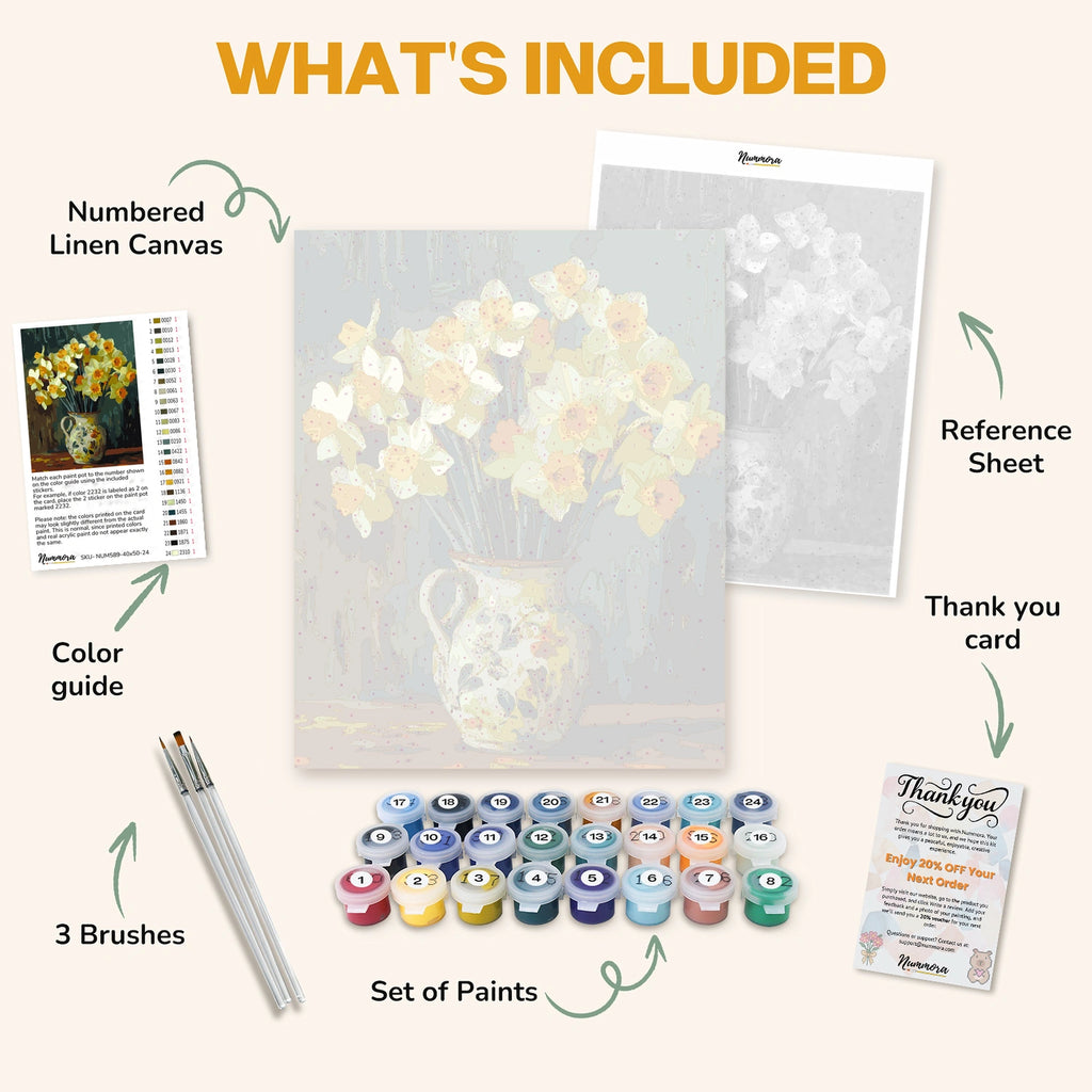 What's included in the Daffodils in Porcelain paint by numbers kit: numbered linen canvas, reference sheet, color guide, 24 acrylic paints, 3 brushes and thank you card