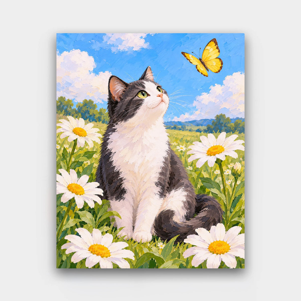 Daisy Field Daydream paint by numbers kit of a black-and-white cat in a daisy field looking up at a yellow butterfly
