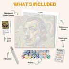 What's included in the Dali’s Dreamscape paint by numbers kit: numbered linen canvas, reference sheet, color guide, 24 acrylic paints, 3 brushes and thank you card
