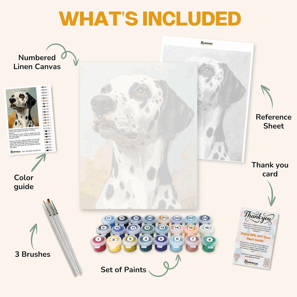 What's included in the Dalmatian in Thought paint by numbers kit: numbered linen canvas, reference sheet, color guide, 24 acrylic paints, 3 brushes and thank you card