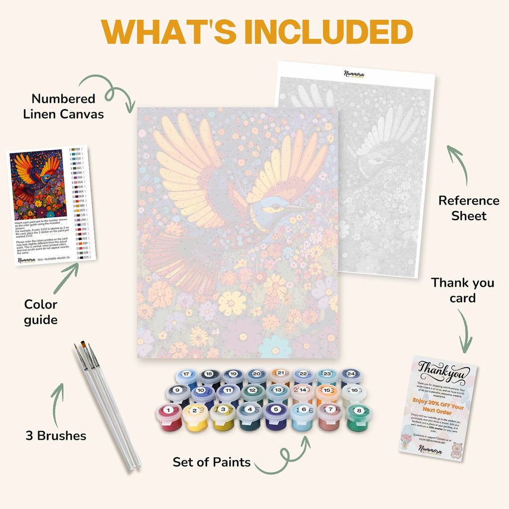 What's included in the Dance of Feathers and Flowers paint by numbers kit: numbered linen canvas, reference sheet, color guide, 24 acrylic paints, 3 brushes and thank you card