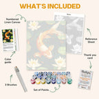What's included in the Dance of the Koi paint by numbers kit: numbered linen canvas, reference sheet, color guide, 24 acrylic paints, 3 brushes and thank you card