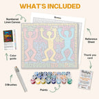 What's included in the Dancing Through the Chaos paint by numbers kit: numbered linen canvas, reference sheet, color guide, 24 acrylic paints, 3 brushes and thank you card