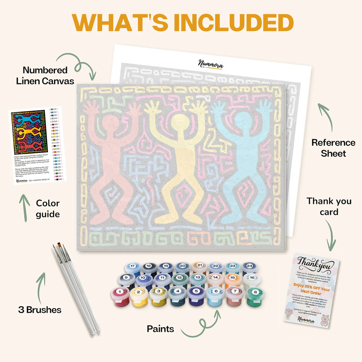What's included in the Dancing Through the Chaos paint by numbers kit: numbered linen canvas, reference sheet, color guide, 24 acrylic paints, 3 brushes and thank you card