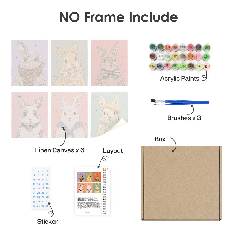 What's included without a frame: six rolled Dapper Bunnies mini canvases, acrylic paints, three brushes and layout