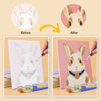 Before and after of a Dapper Bunnies mini paint by numbers canvas