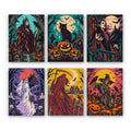 Dark Harvest Folk Art mini paint by numbers set: six richly patterned dark Halloween scenes with a reaper, black cat, vampire, ghostly bride and scarecrows